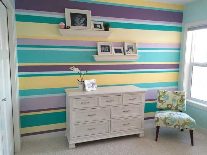 Creative Bedrooms striped girls room teal yellow purple