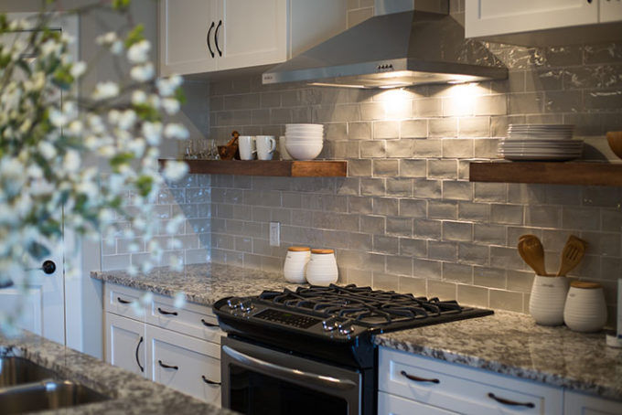 Modern gloss grey subway tiles - tour this cozy and comfortable show home at Brooklyn Berry Designs.