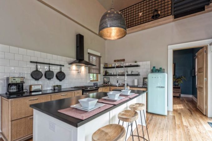 Fixer Upper Shotgun House kitchen with mint green smeg fridge