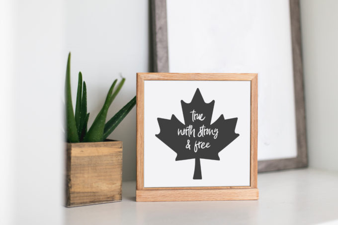 wood sign with a maple leaf and the text "True North Strong And Free" - great Canadian home decor