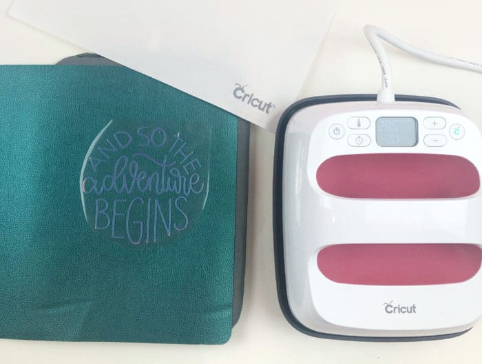 adding iron on vinyl to faux leather with cricut easypress to make a faux leather journal cover