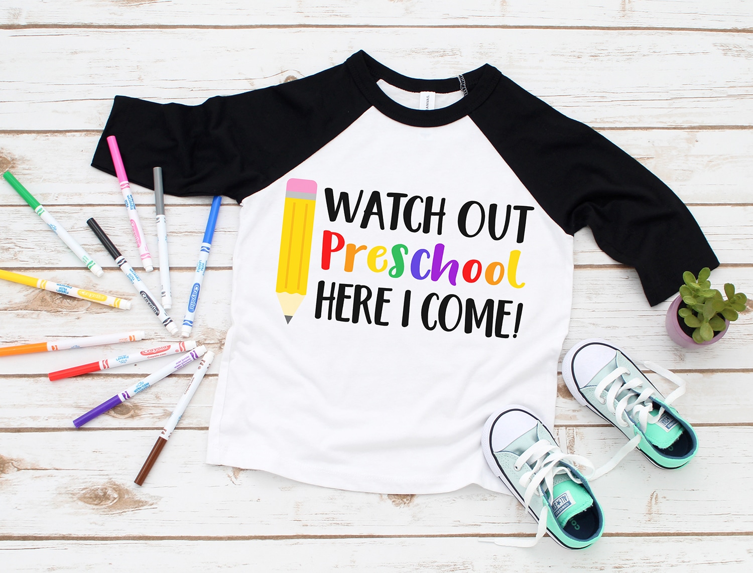 custom shirt svg design saying "watch out preschool, here I come!"