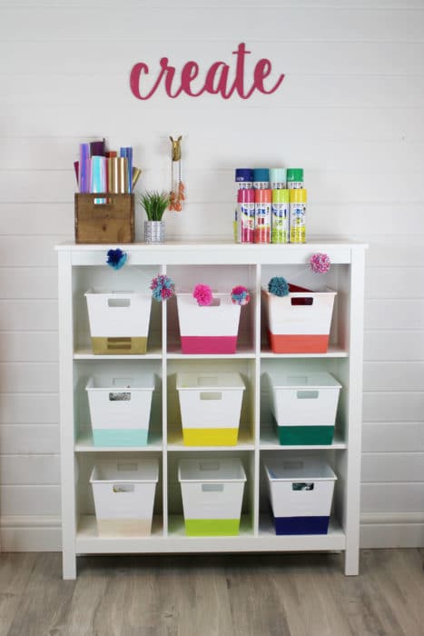 Craft Room Organization - spray painted color block bins to organize by color.
