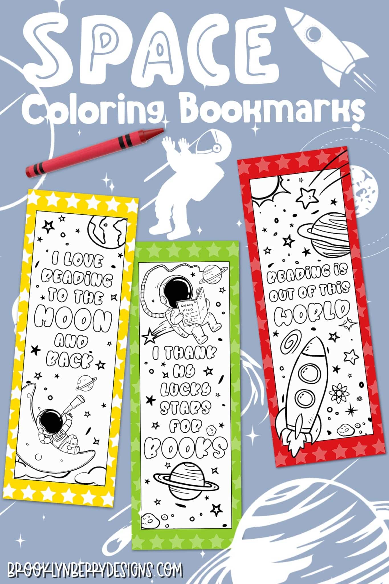 Free Space Coloring Bookmarks - great for keeping kids entertained while learning at home. via @brookeberry