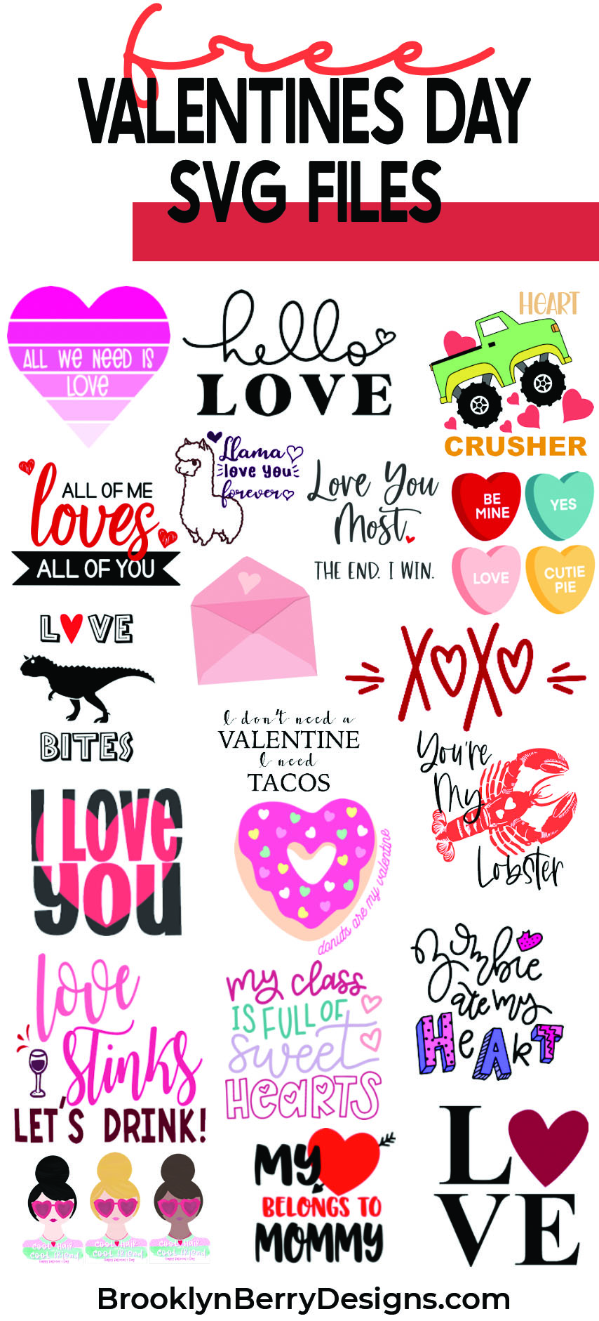Collage image of various valentines themed svg files to use with a cricut, silhouette, or other craft machines.