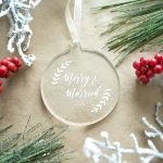 Clear acrylic ornament with laser engraving. Wedding date ornament.