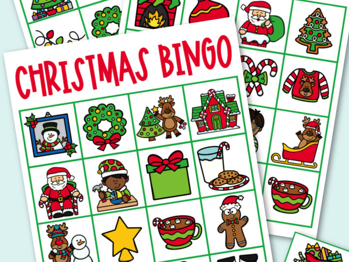 Christmas bingo cards with calling cards of each individual images.