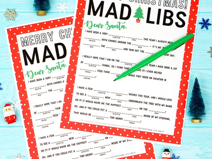 Christmas adlibs game with christmas knick knacs around.