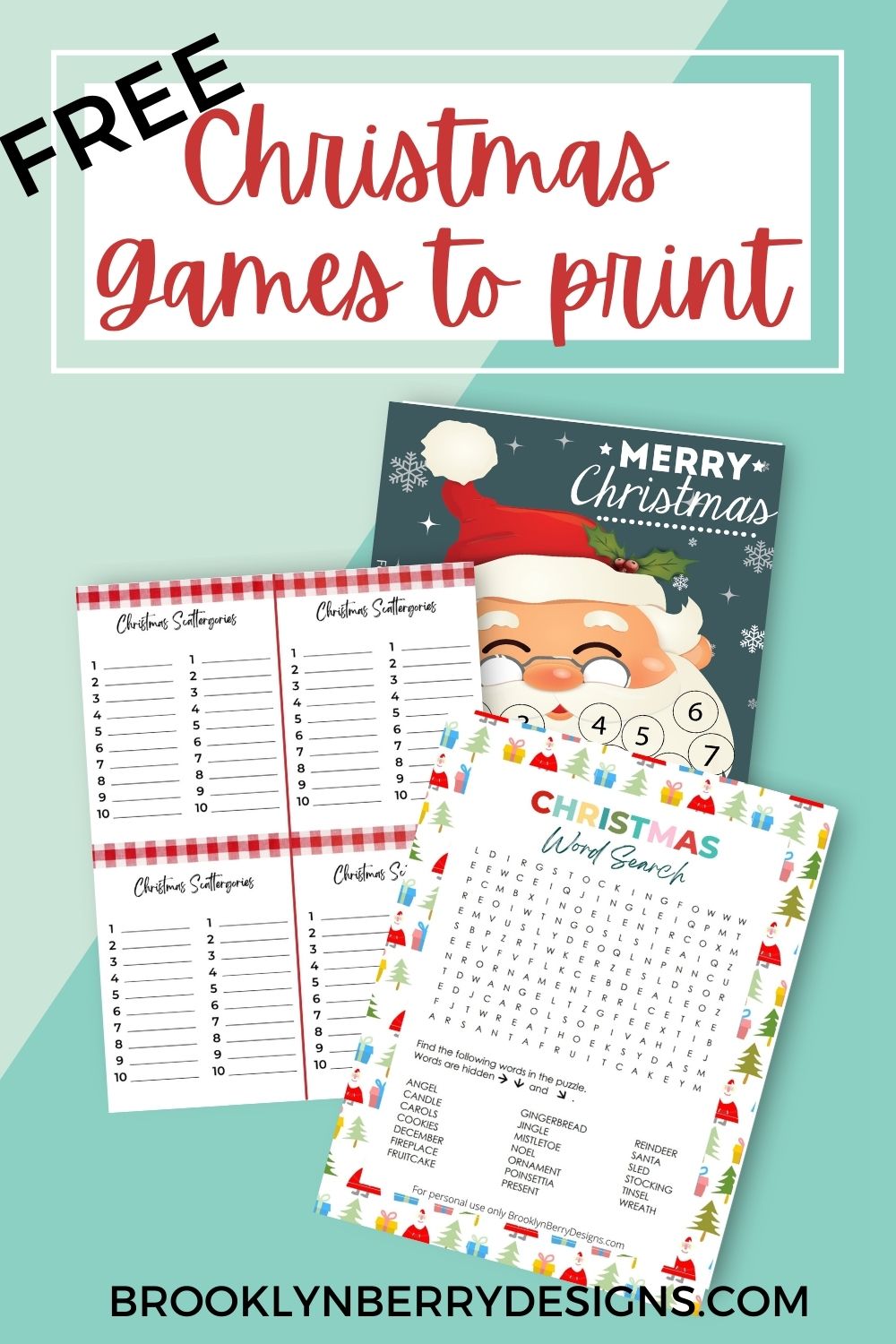 free Christmas games to print and enjoy this holiday season. Three papers are shown with printable scattergories, a word search, and santas beard advent activity.