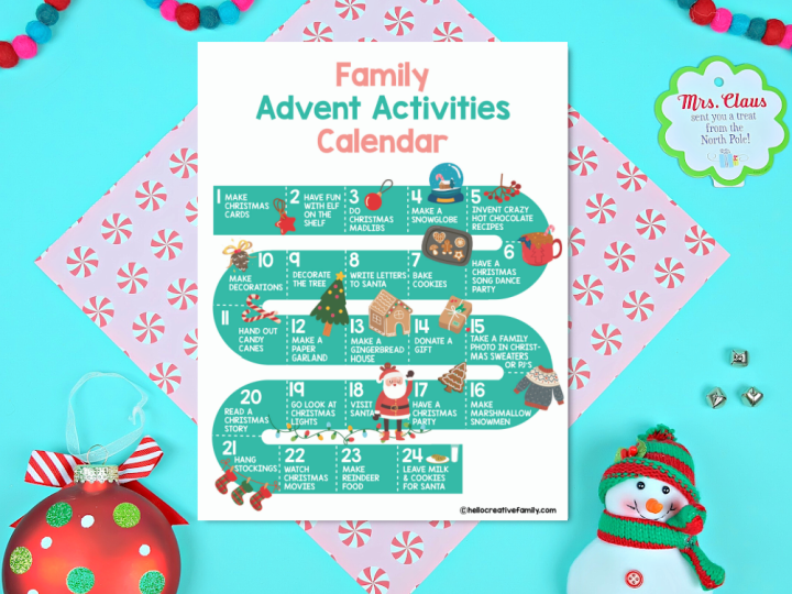 printable advent calendar on a peppermint paper on a teal background. Christmas ornaments are in the background.