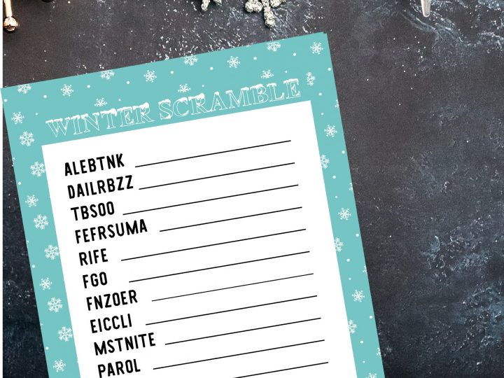 a Christmas word scramble game with a teal border.