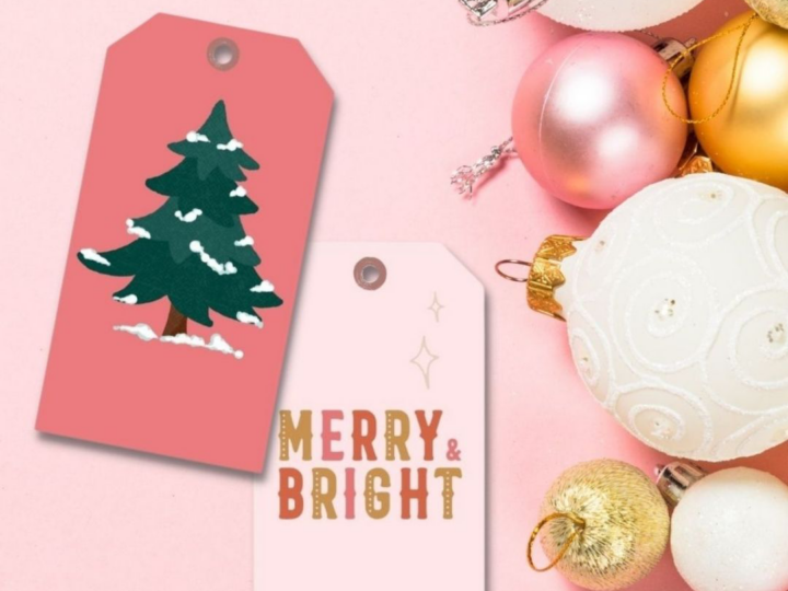 pink christmas gift tags with pink white and gold ornaments beside them