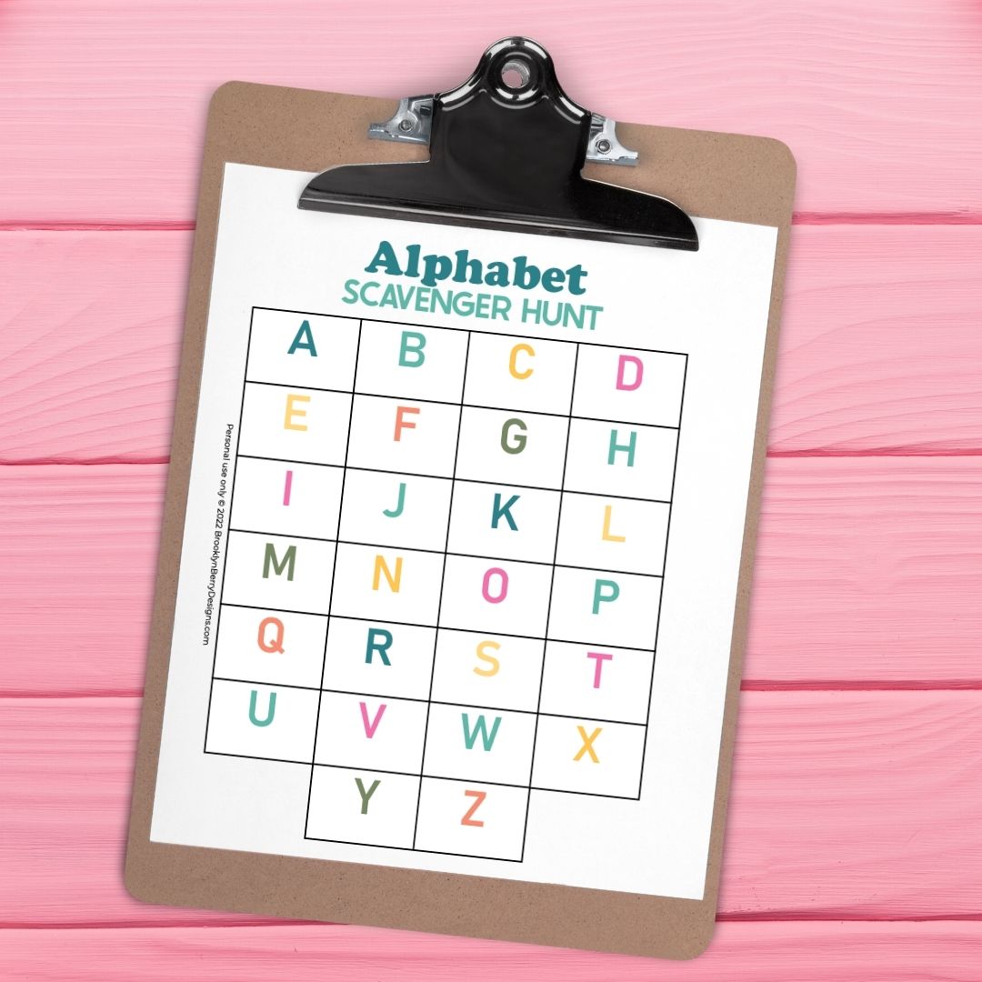 alphabet scavenger hunt with squares for each letter and space to write in what is found that begins with each letter