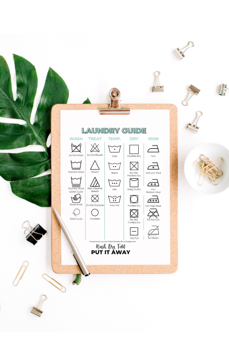 a laundry symbol guide printed out and clipped to a clipboard for easy reference