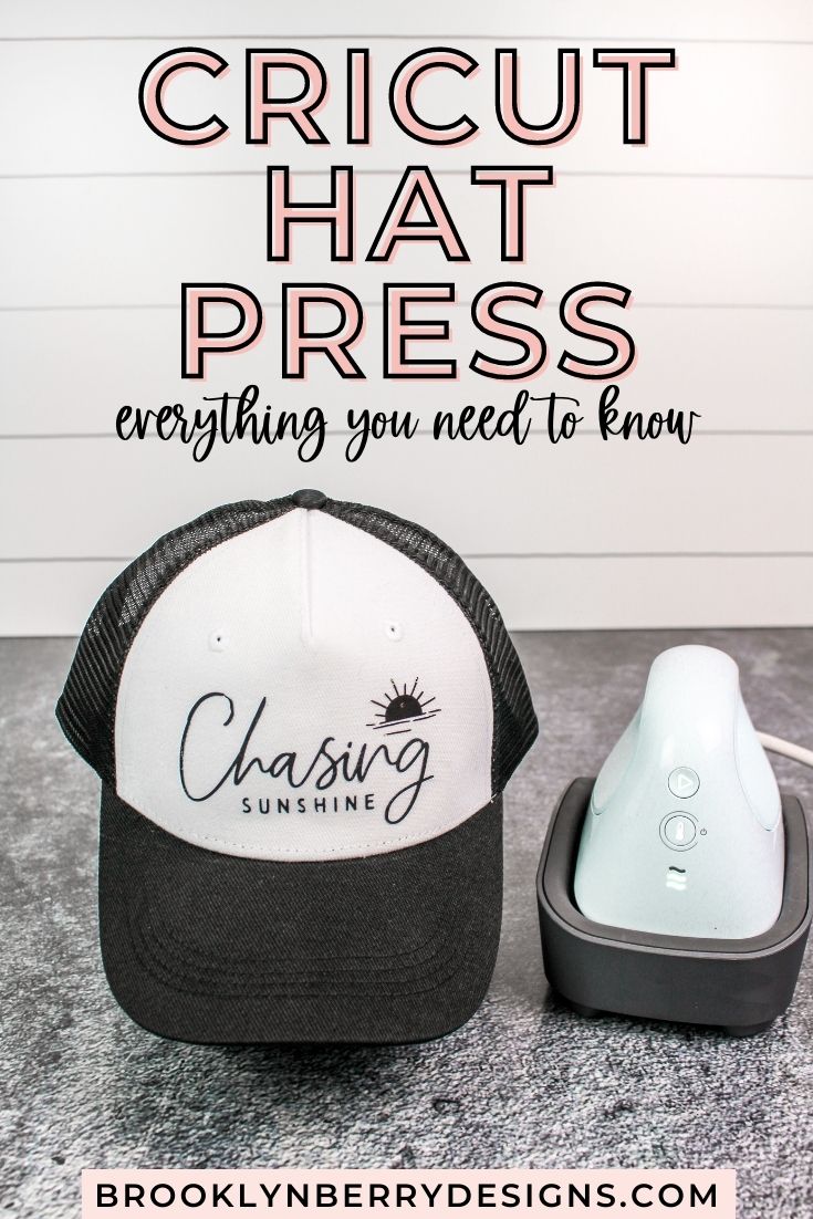 a black trucker hat with a design that says chasing sunshine sitting next to a cricut hat press via @brookeberry