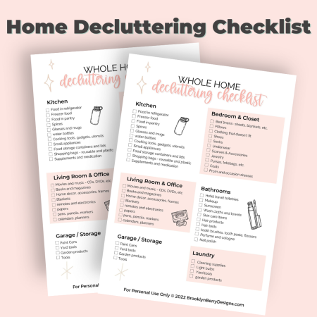 a whole home decluttering checklist with color blocked categories broken up into rooms for an easy way to organize your project.
