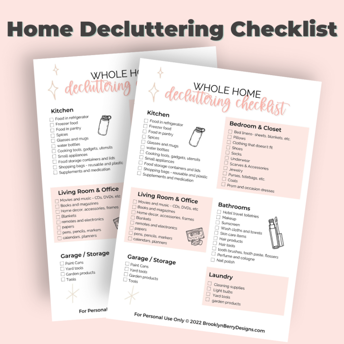 Home decluttering checklist, broken down into categories by room.