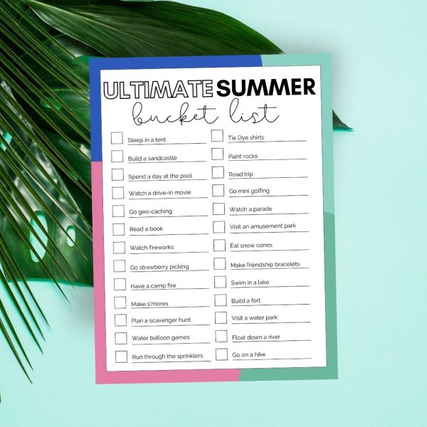 colorful paper showing a printable ultimate summer bucket list for summer activities to do with the kids