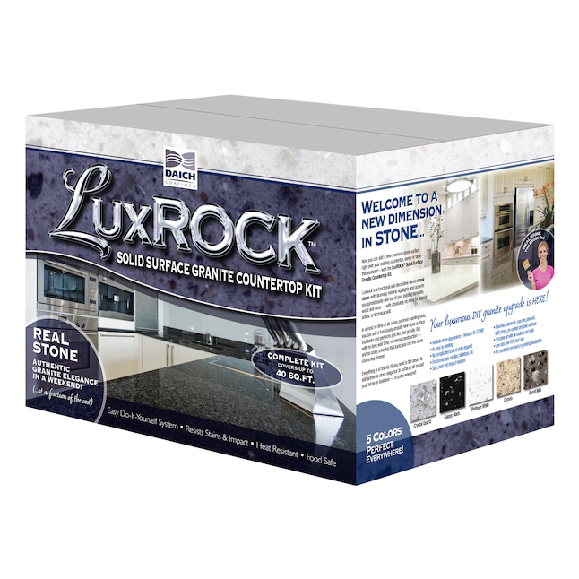 A box of LuxROCK solid surface granite countertop kit used to paint countertops.