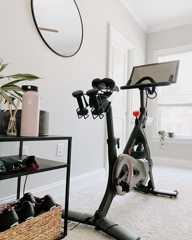 small space home gym with peloton