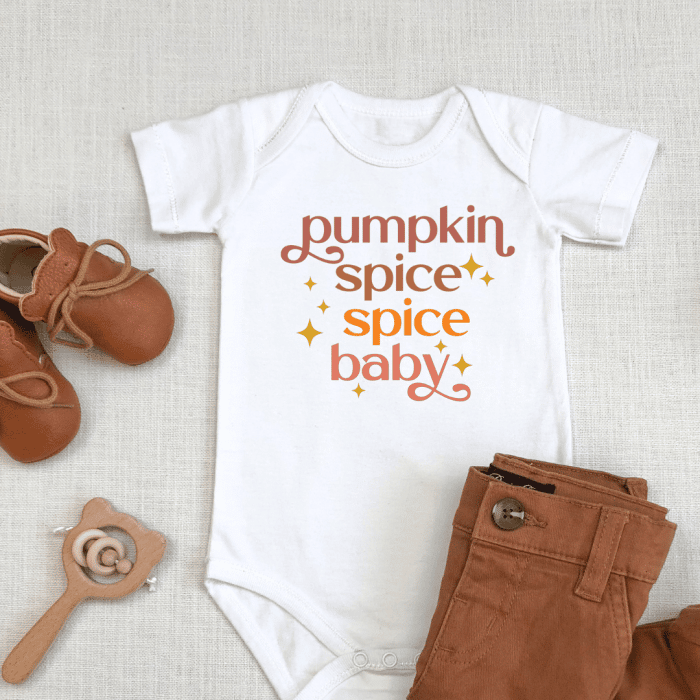 baby onesie with spice spice baby and MCM stars. Fall pumpkin svg file.