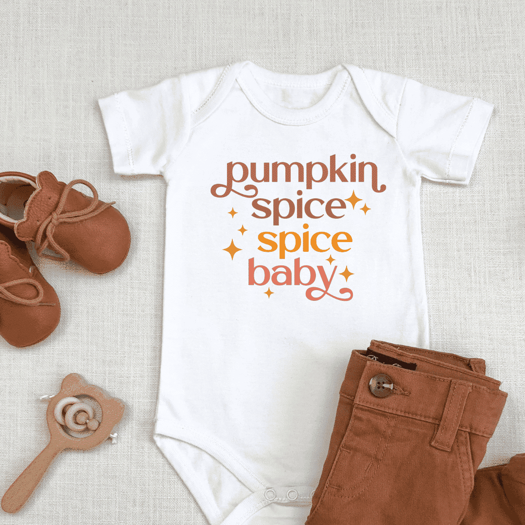 pumpkin spice baby on white baby shirt