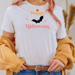 woman in white shirt with happy halloween and bats design