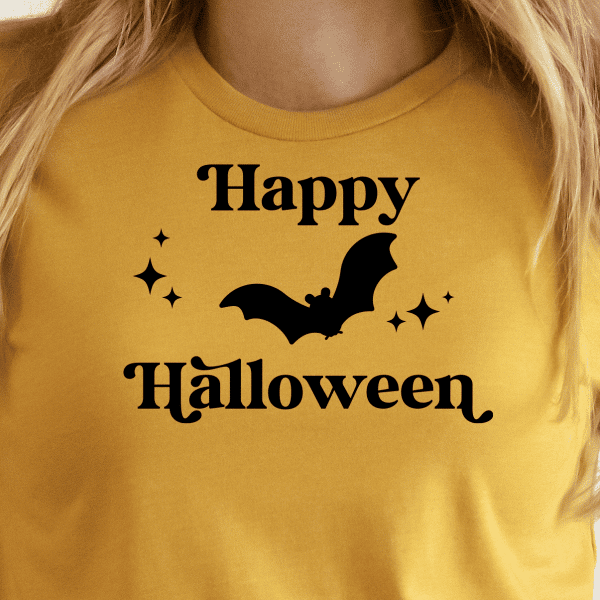 yellow shirt with a bat and happy halloween design