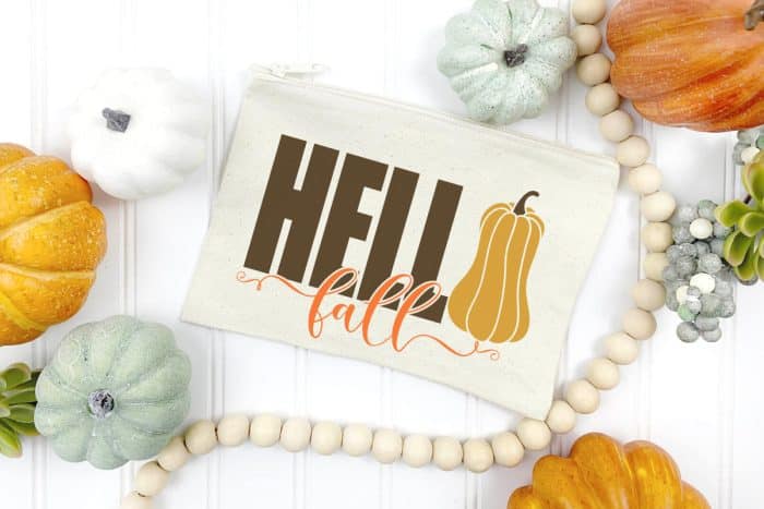 cosmetic bag with hello fall and a gourd