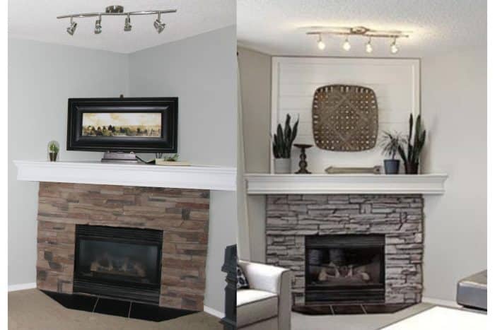 A fireplace before and after a DIY project of whitewashing stone and shiplap a corner fireplace.