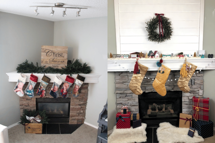 Before and after of the same corner fireplace with whitewashed stone and a shiplap fireplace detail. Both fireplaces are decorated for Christmas.