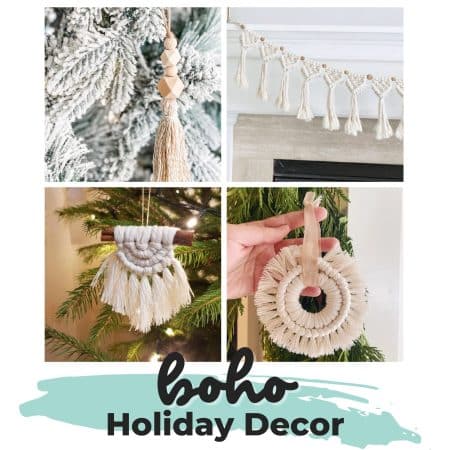 a collage image with boho holiday decor. Wood bead ornaments, macrame garland, macrame ornament on a cinnamon stick, and a macrame wreath ornament.