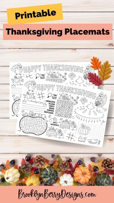 A flatlay image of printed placemats for kids to color on during thanksgiving dinner.