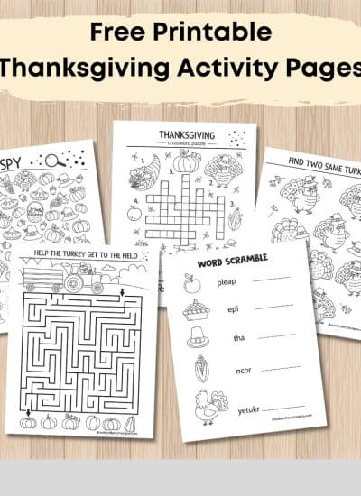 a collection of free printable thanksgiving activity pages for kids shown on a wood background