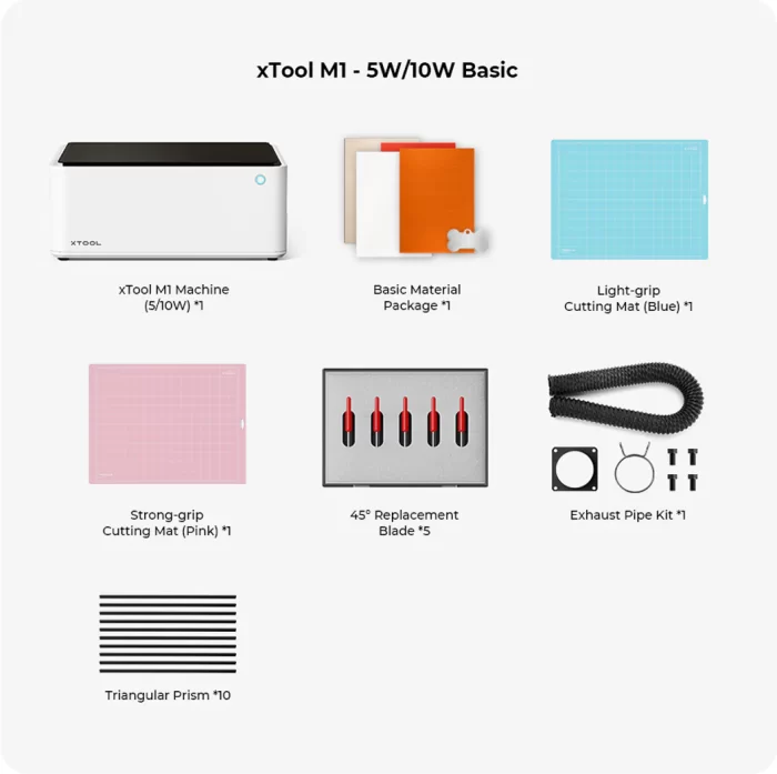 what tools and accesssories come in the box of the xtool m1 cutting machine. 