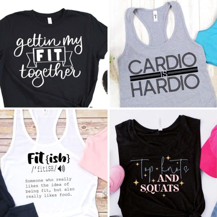 Collage of 4 shirts with fitness related designs showing ideas for free fitness svg files.