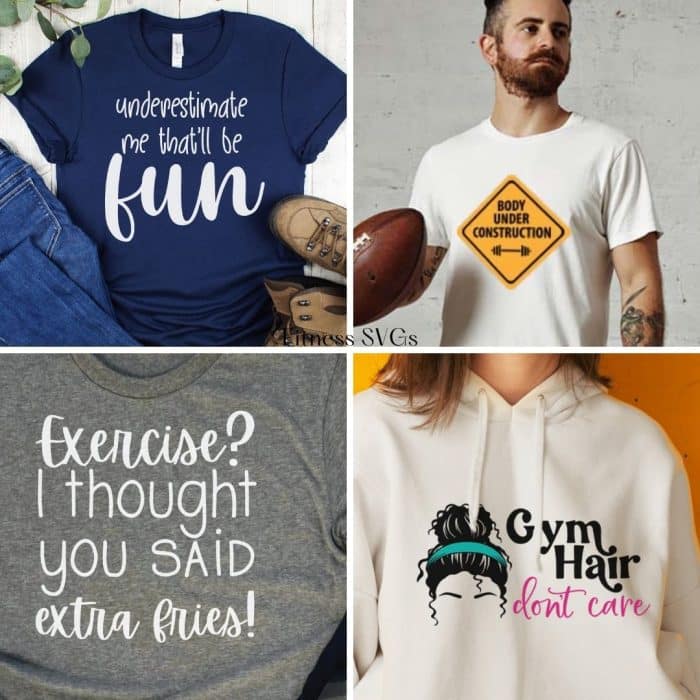 Collage of 4 shirts with fitness related designs showing ideas for free fitness svg files.