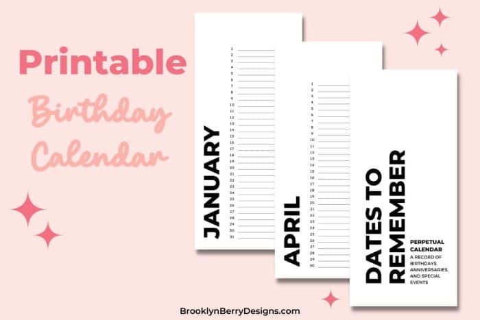 Birthday Calendar Printable Pages - graphics optional - 4 Design Options —  Sunflower Child Designs