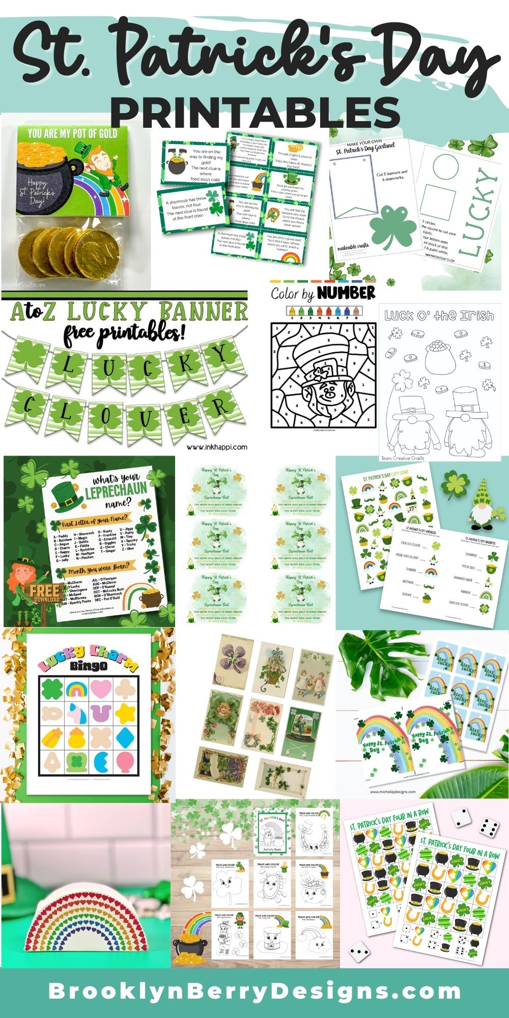 Collection of printables for St. Patrick's Day. Banners, gift tags, bag toppers, scavenger hunts, coloring pages, and games!