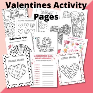 Large collection of valentines activity pages printed out and laying on a pink background.