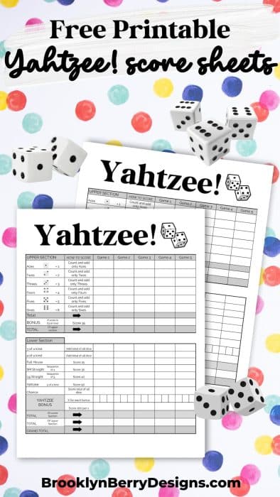 yahtzee score sheet on a colorful background with dice