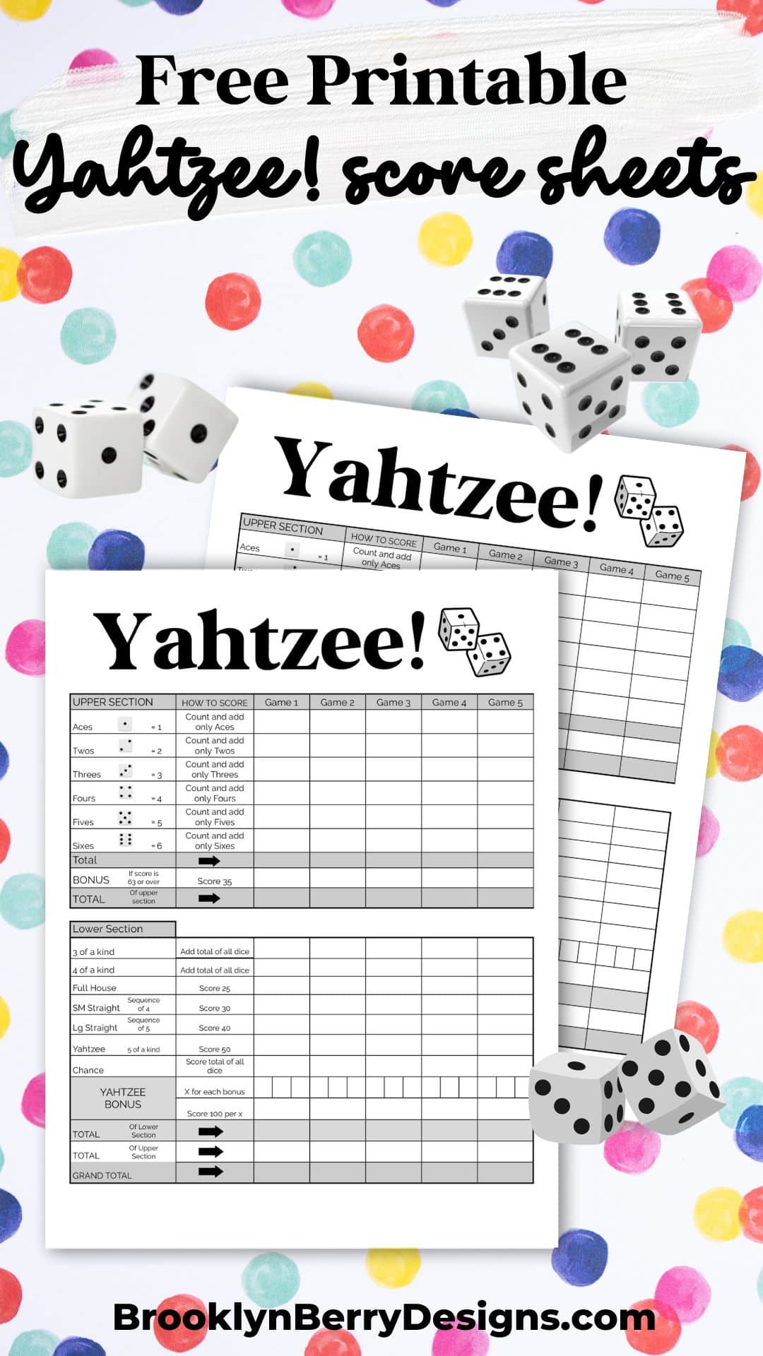 yahtzee score sheet on a colorful background with dice via @brookeberry