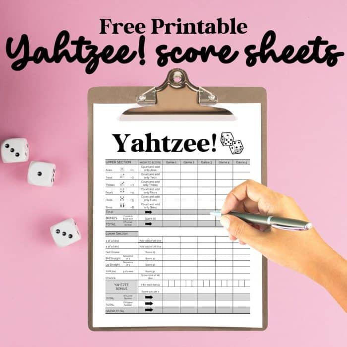 yahtzee score sheet on a colorful background with dice