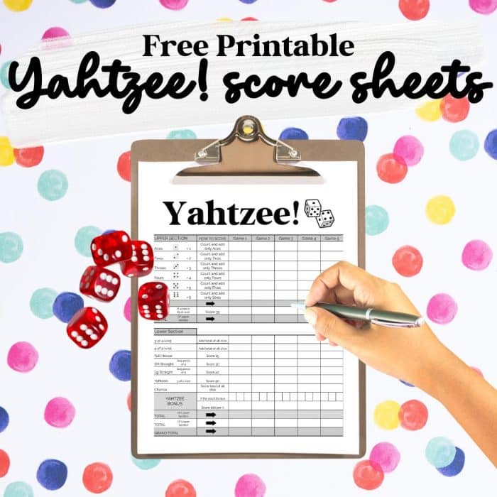 yahtzee score sheet on a colorful background with dice