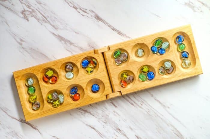 Typical board layout for mancala games.