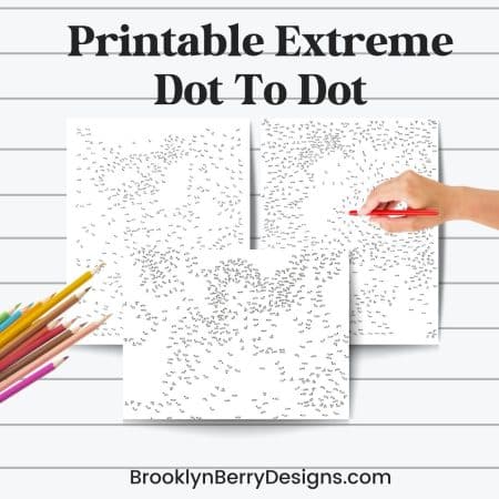 Close-up image of a printable extreme dot to dot activity page and colored pencils