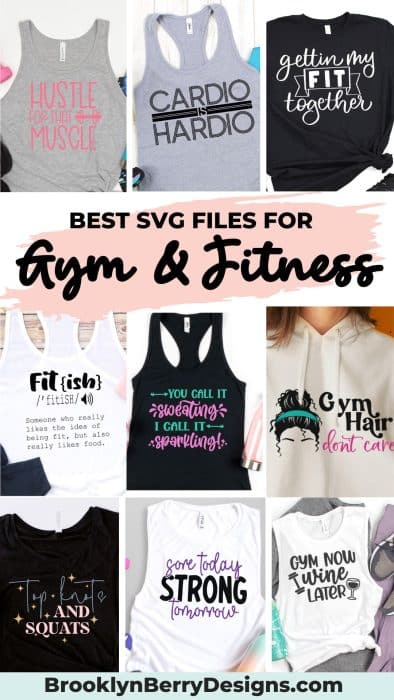 Collage of workout shirts using a collection of free fitness svg files cut out on a cricut machine.