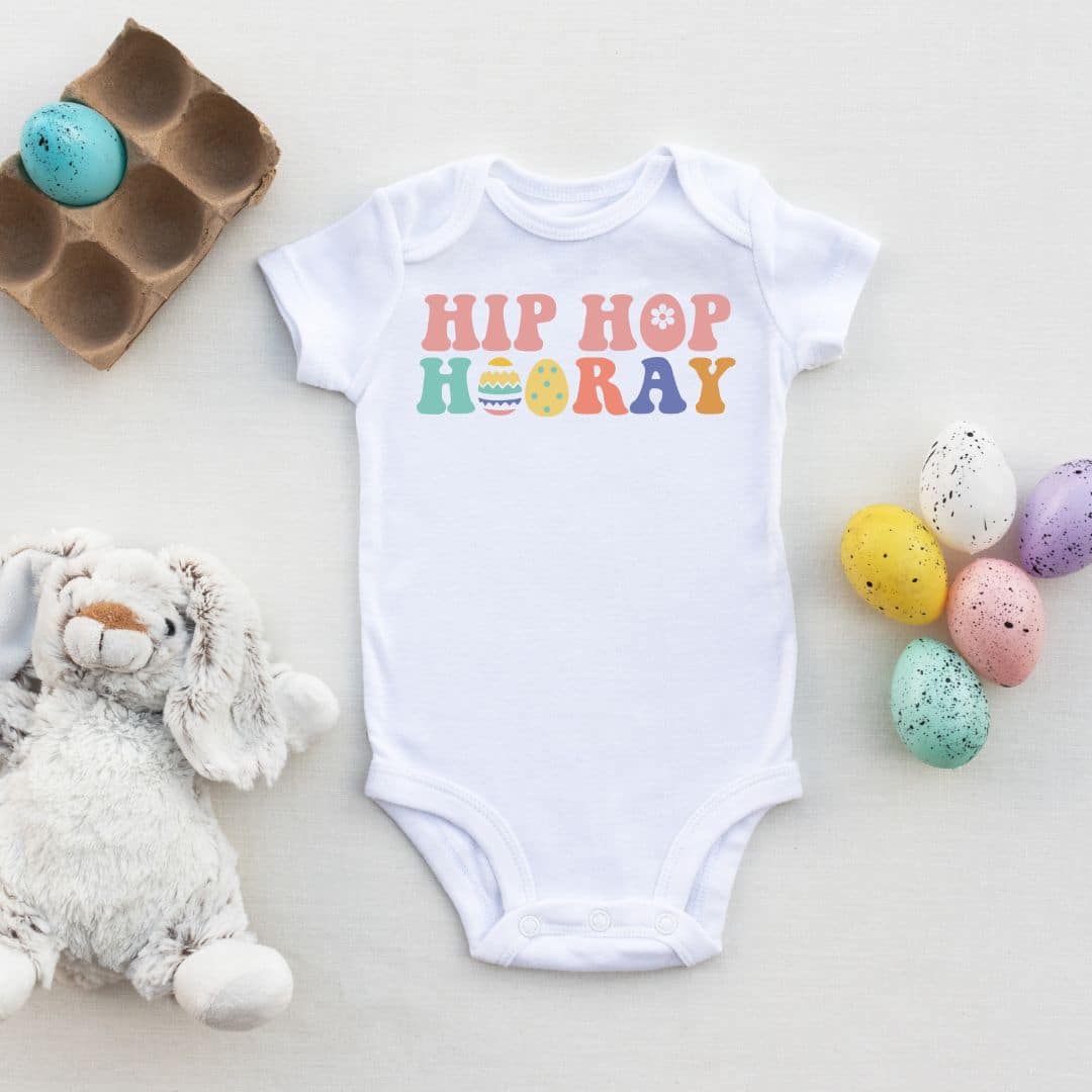 baby onesie with easter theme saying hip hop hooray with free svg file