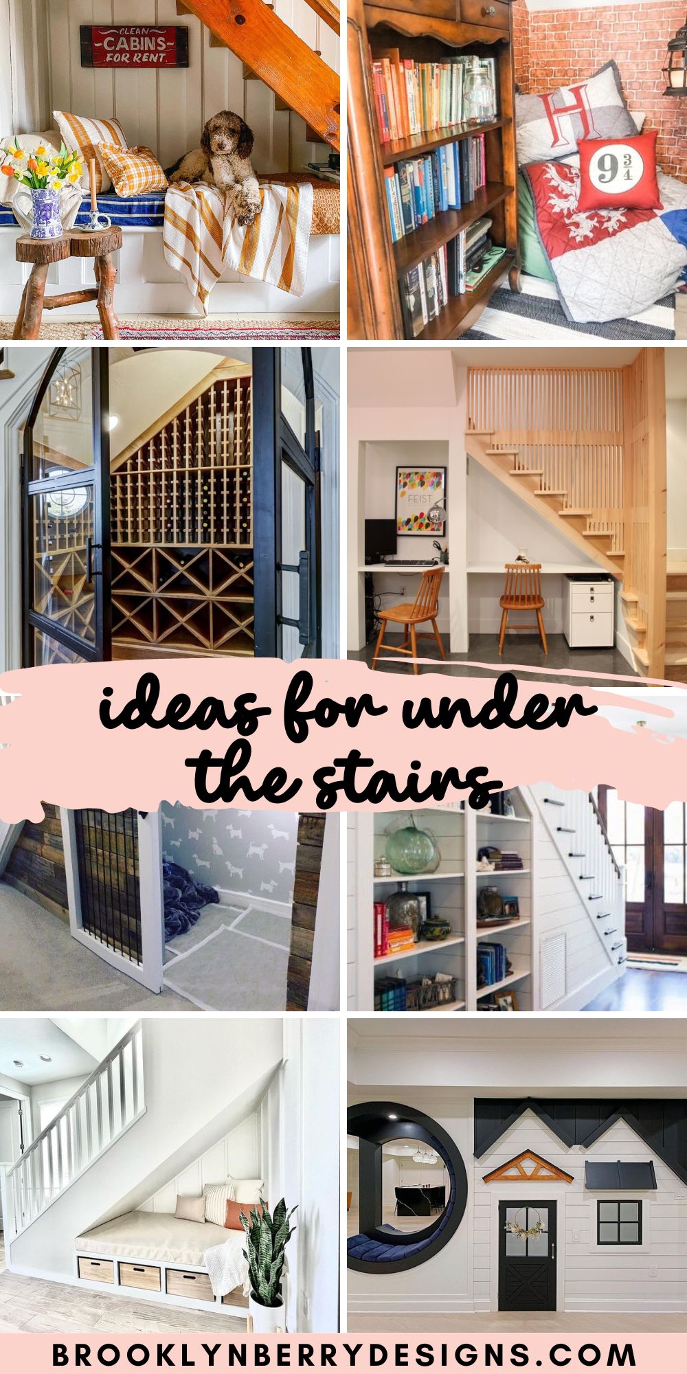 collage image of ideas to use the space under the stairs