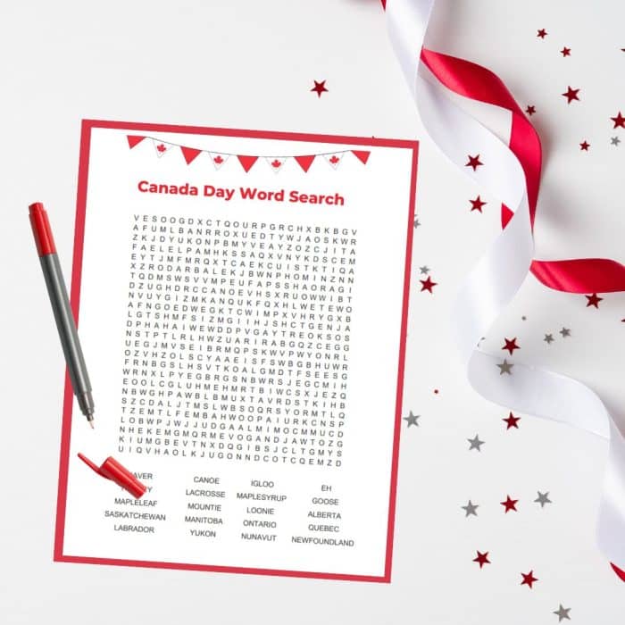 A printable activity page for Canada Day featuring a Canadian themed word search.